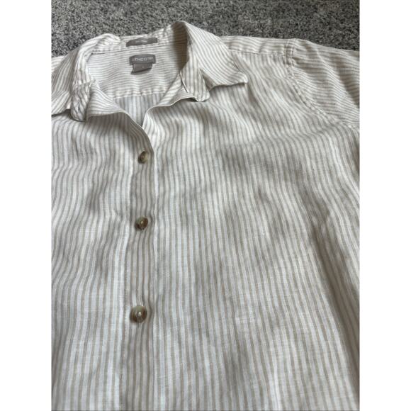 Chico’s No-iron Button-up Linen Roll Sleeve Blouse Size 2 Large Tan White Stripe - Picture 3 of 9